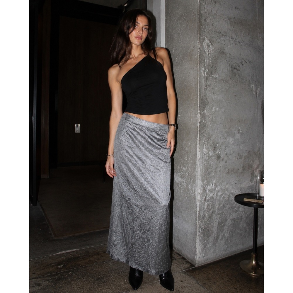 Vintage Arden B 100% Silk Maxi Skirt 10 Metallic Silver Indie Sleaze Y2K